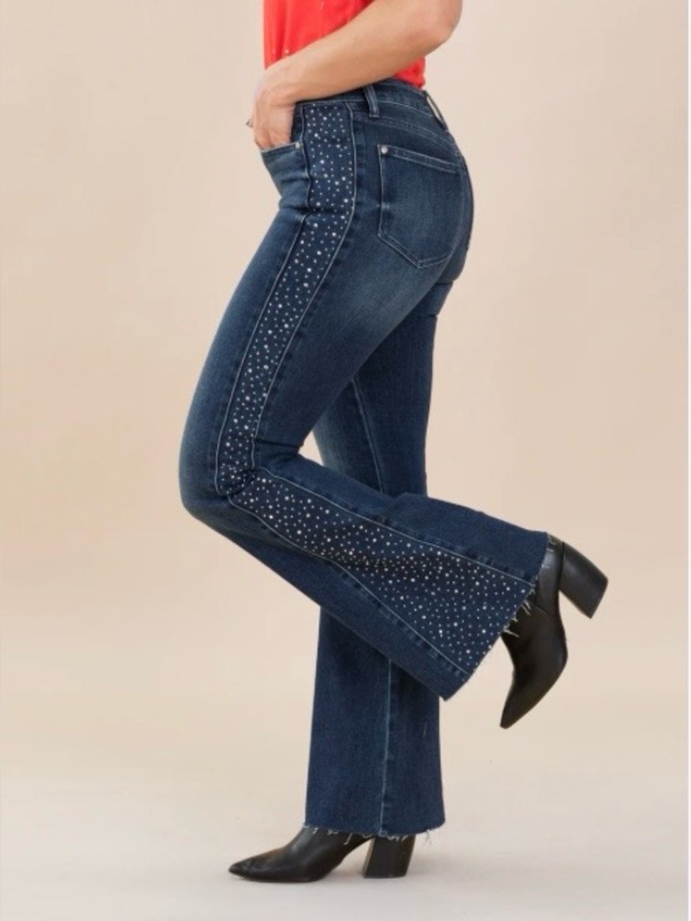 Judy Blue Dark Wash Mid-Rise Flare Jeans with Rhinestone Side Panel, Size 15/32